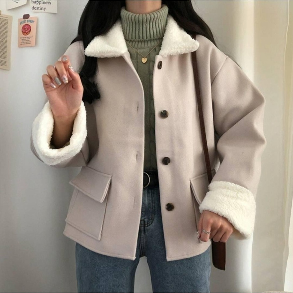 Beige Sherpa Trim Lightweight Korean Cozy Overshirt Jacket - Picture 11 of 12